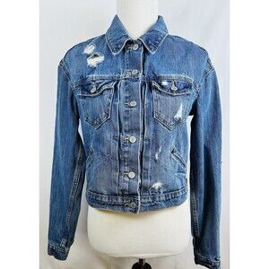 Old Navy Womens Distressed Denim Trucker Jacket Size Small Medium Wash Jean Blue